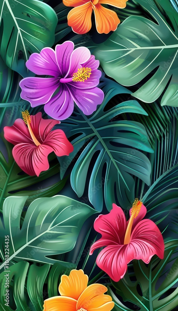 Canvas Prints Lush tropical leaves surround bright flowers, creating a colorful display in a vibrant, natural environment full of life. Generative AI