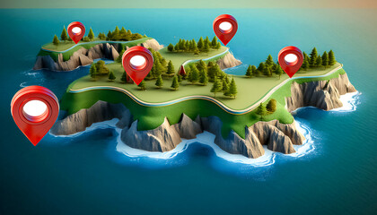 Naklejka premium 3d map of coast with a red map pin location button resting on cities resort, with copy space for your text. I want to visit