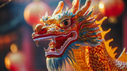 Obraz premium Close-up of a Colorful Dragon Head with Open Mouth