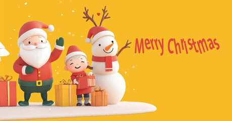 Merry Christmas and happy new year greeting card with Santa Claus, cute kids in snowman, xmas tree, deer and red costume. Holiday cartoon character in winter season
