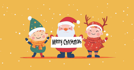 Merry Christmas and happy new year greeting card with Santa Claus, cute kids in snowman, xmas tree, deer and red costume. Holiday cartoon character in winter season