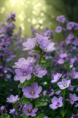 Fresh Purple Flowers Glistening With Raindrops on a Spring Morning After Heavy Rainfall