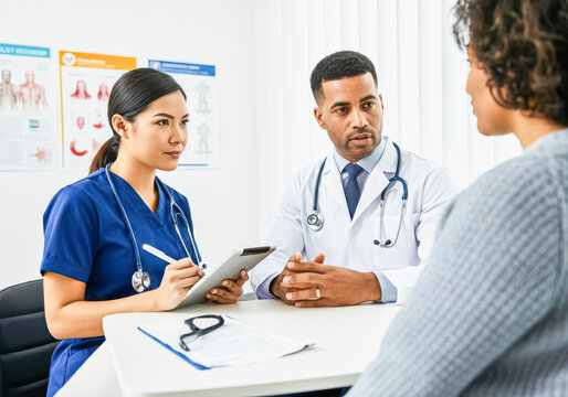 Diverse healthcare team consults patient in modern clinic setting