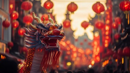 Fototapeta premium Dragon Dance Costume with Red Lanterns in Background