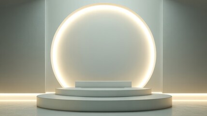 White Circular Platform with Illuminated Oval in Minimalist Interior