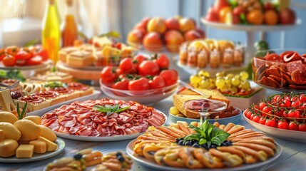 Fototapeta premium A beautifully arranged buffet table filled with colorful fruits, meats, and appetizers, elegantly displayed for a festive dining experience