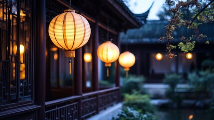 Illuminated Chinese Lanterns Hanging in a Garden