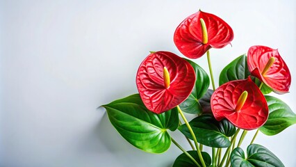 Minimalist red anthurium flowers and green leaves on a white background emphasizing a blend of natural and artistic elements