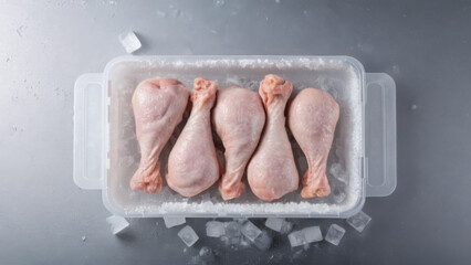 A portion of chicken drumsticks, neatly packed in an ice container. Ideal for use in recipes and culinary projects. A fresh and high-quality product for a healthy diet
