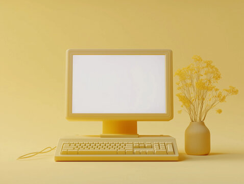 Pretty kawaii vintage yellow desktop PC computer white blank screen mockup minimalist work form home workspace retro tech floral decor aesthetic branding copy space creative setup empty background 