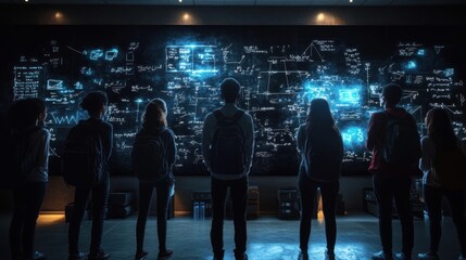 Many people stand in front of a blackboard in a school classroom with lots of math materials. The blackboard is full of equations, formulas, and other math symbols