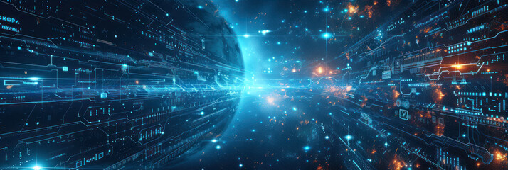 Obraz premium Explore the Blue Digital Landscape of Advanced Technology and Futuristic Networks