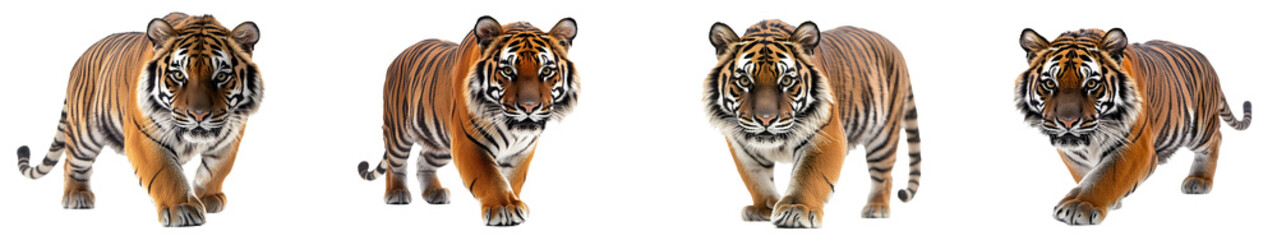Obraz premium Tiger prowling with its orange and black stripes, Four majestic tigers in dynamic poses, showcasing their strength and beauty in a vibrant digital illustration.
