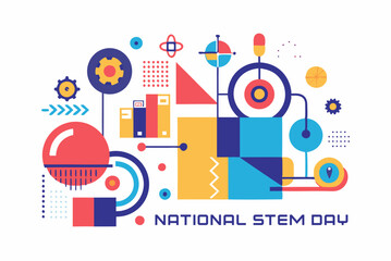 Naklejka premium Abstract minimalist design celebrating national stem day with geometric shapes and colorful patterns