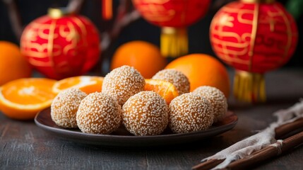Sesame Seed Balls with Oranges and Chinese Lanterns