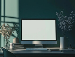 Simple modern desktop blank white computer screen mockup natural home office workspace indoor plants wood desk greenery cozy branding copy space template minimal aesthetic