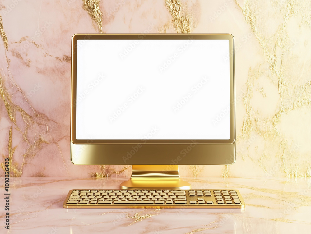 Poster rich luxury gold desktop blank white computer screen mockup marble background glamorous workspace te