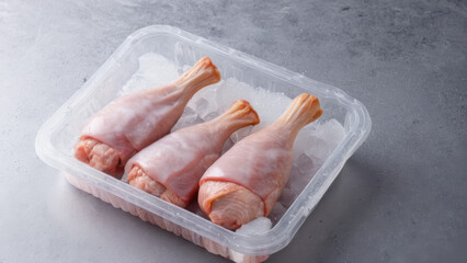 A portion of chicken drumsticks, neatly packed in an ice container. Ideal for use in recipes and culinary projects. A fresh and high-quality product for a healthy diet