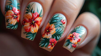Vibrant Floral Summer Nail Art With Tropical Designs Showcasing Bright Colors and Intricate Details