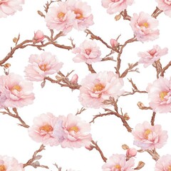 Fototapeta premium Seamless endless pattern of pink flowers with branches on white background