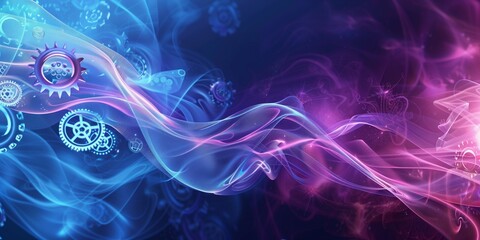 Obraz premium Abstract background with gears and deep blue and purple tones, smooth, bright hues, flowing lines, digital style, empty space.