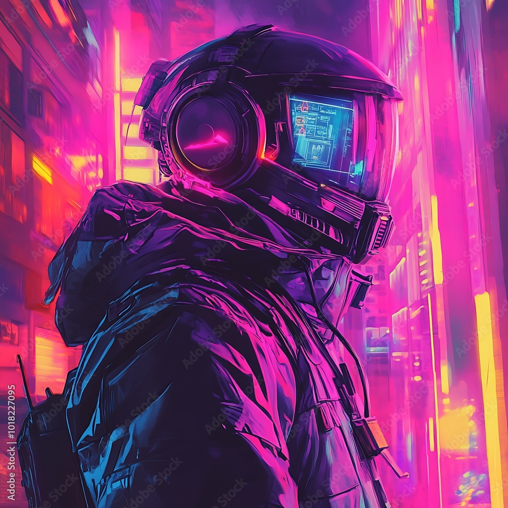 Poster high-tech hacker interacting with digital interfaces in neon city