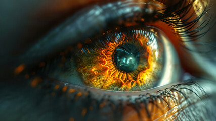 A Surreal Depiction of a Hyper-Realistic Eye With Fiery Reflections in a Dark Environment