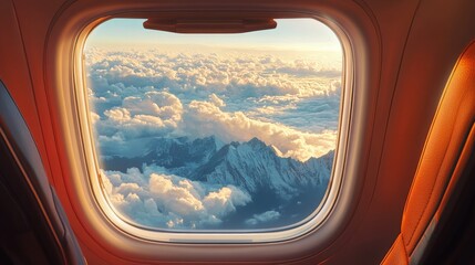 Naklejka premium Airplane window scene showing a mix of the cabin interior with the outdoor view of clouds and distant mountains.