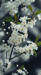Fototapeta premium Delicate White Blossoms Adorn Branches Against a Soft Blurred Background in Early Spring