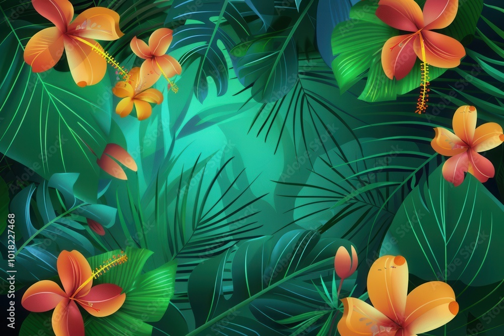 Poster a rich array of colorful flowers and large leaves evoke a tranquil atmosphere in a vibrant tropical 