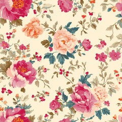 Seamless endless pattern with vibrant pink peonies and detailed blossoms on beige background for vintage-inspired floral textile design