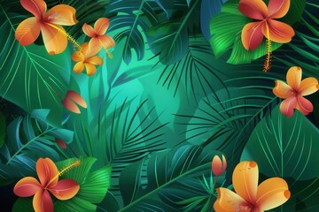 Naklejka premium A rich array of colorful flowers and large leaves evoke a tranquil atmosphere in a vibrant tropical setting. Generative AI
