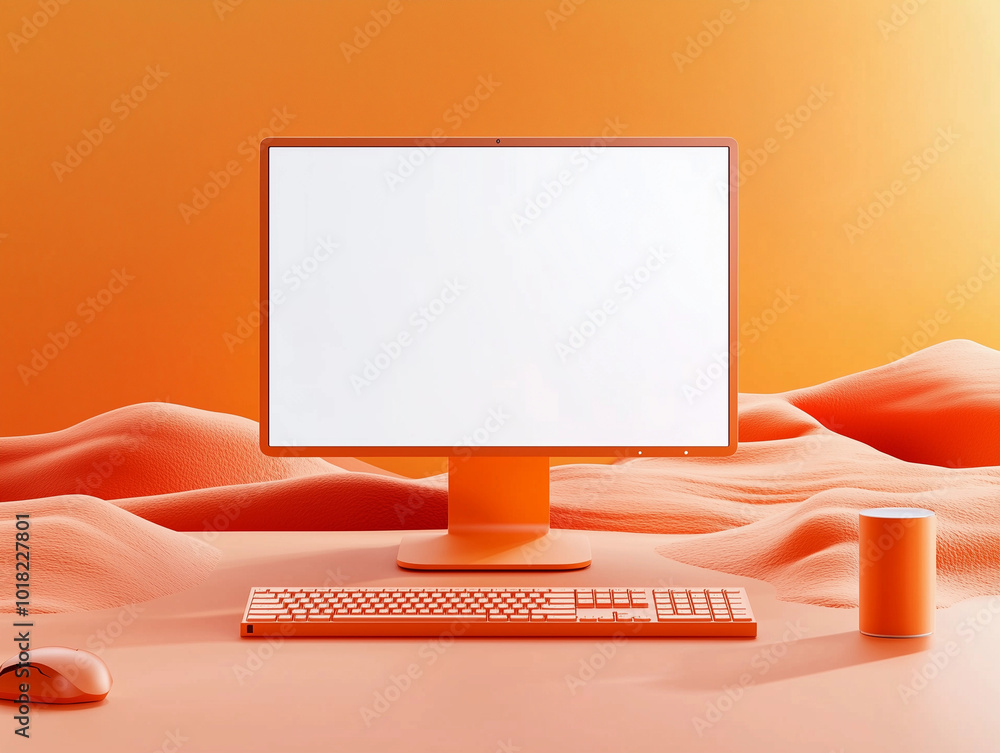 Fototapete tangerine orange desktop computer blank white pc screen minimal tech workspace modern monitor keyboa