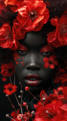 A Striking Portrait of a Black African Woman With Red Hair Adorned With Vibrant Red Flowers
