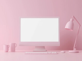 Pastel pink desktop computer monitor blank white pc  screen pastel workspace feminine minimal tech concept copy space digital banner mockup stylish home office decor empty template
