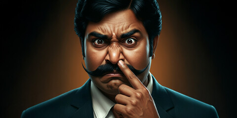 Indian with Mustache Man Picking His Nose, Gross Finger Hand in Nostrail, Booger Snot