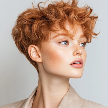 Redhead woman with curly pixie cut hairstyle looking sideways in casual style