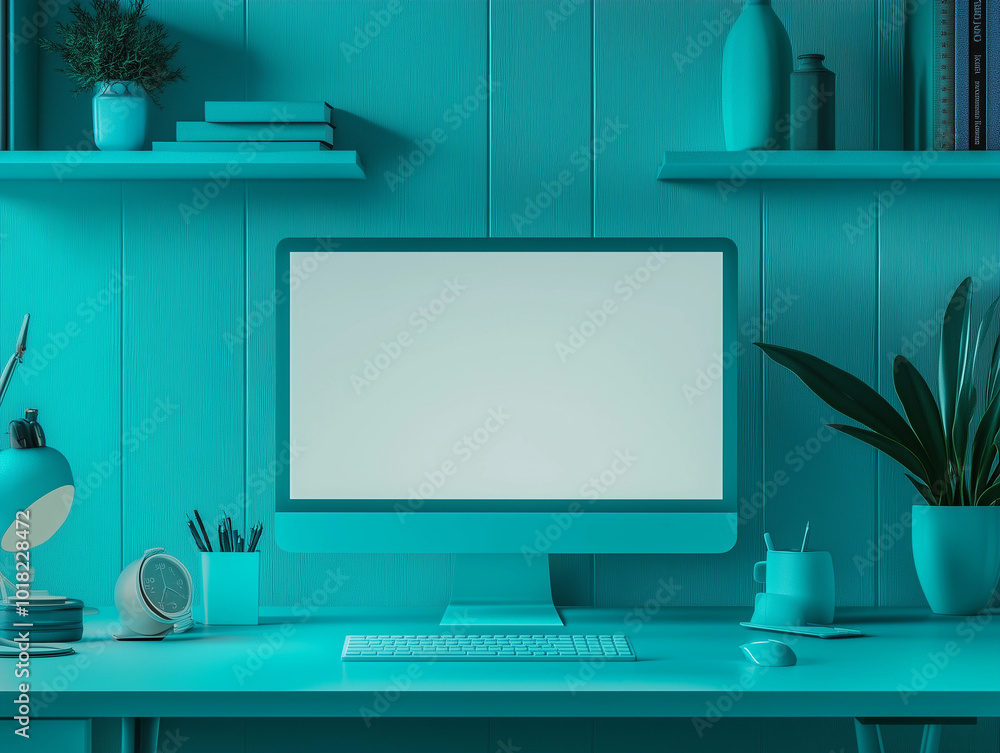 Poster aqua turquoise desktop empty white pc computer workspace blank screen digital desk modern tech conce