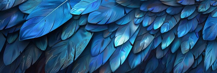 Blue Color Feathers Background, Rainbow Tint Colored Plumage, Scaly Wings Texture, Copy Space
