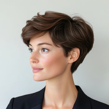 Woman with textured pixie cut in light brown, styled with natural makeup and black blazer