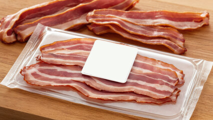 A stack of fresh bacon slices on a smooth background. This image is perfect for illustrations in culinary blogs, restaurant menus, or marketing meat products.