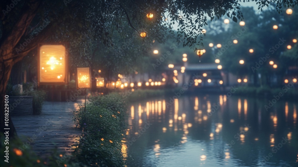 Poster evening stroll along a serene waterway with string lights and lanterns