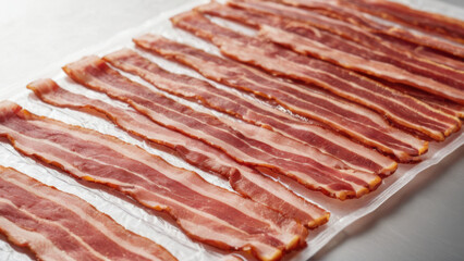 A stack of fresh bacon slices on a smooth background. This image is perfect for illustrations in culinary blogs, restaurant menus, or marketing meat products.