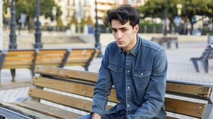 Obraz premium Man sitting alone on park bench with worried expression, surrounded by empty benches, capturing loneliness and uncertainty of unemployment.