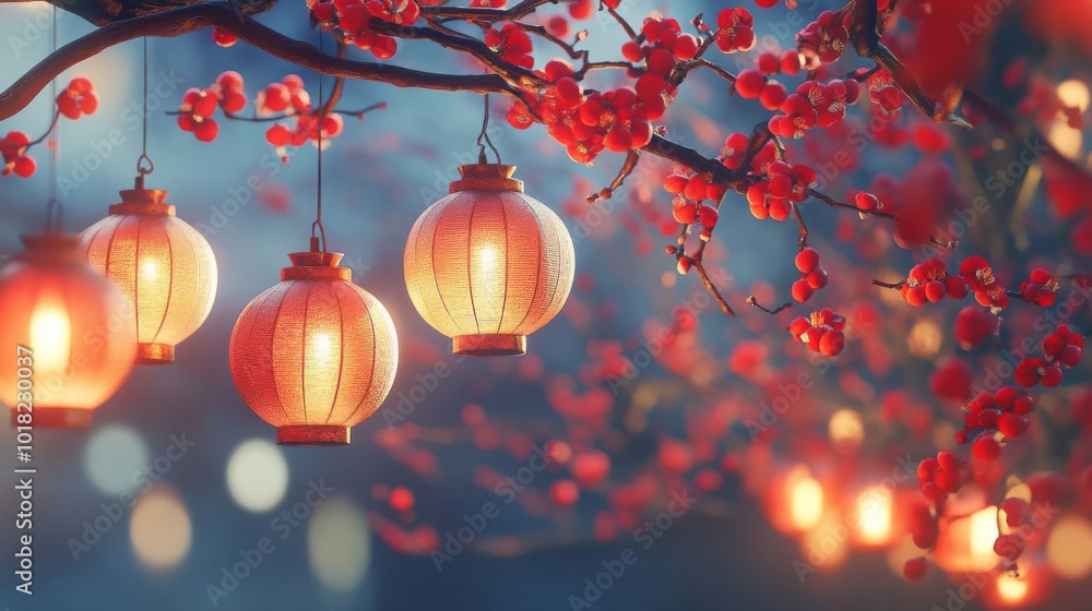 Poster red lanterns hanging from a branch adorned with berries