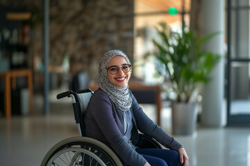 Smiling beautiful modern Muslim disabled wheelchair businesswoman in casual business suit and traditional hijab in the modern office. Confident Arabian lady. Equal women rights in Eastern countries.