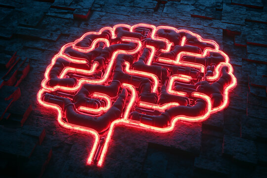 Labyrinth shaped like human brain, illuminated with neon, showing complex pathway design of human mind. Development, researching, creating interaction chains in human brain. Artificial intelligence - Powered by Adobe
