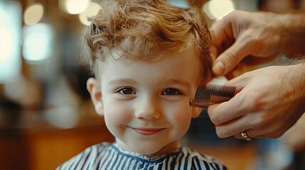 Young Boy Getting Haircut with Comb in a Barber Shop
