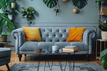 Obraz premium Modern living room featuring a grey Chesterfield sofa with black legs, yellow pillows, glass coffee table, and stylish decor accents.