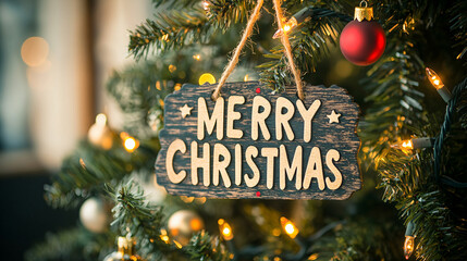 Merry christmas and new year holidays background. Blurred bokeh background with light bulbs and Christmas tree branches. Banner.
